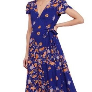 Free People Jess dress Medium wrap navy blue orange floral maxi boho
